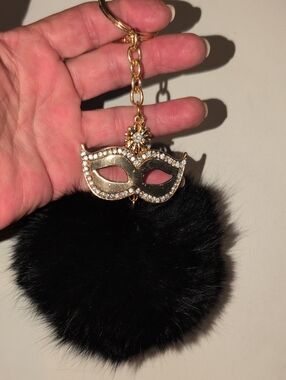 Gold Toned Mask Rhinestone With Black Pom Pom Keychain Bag Charm